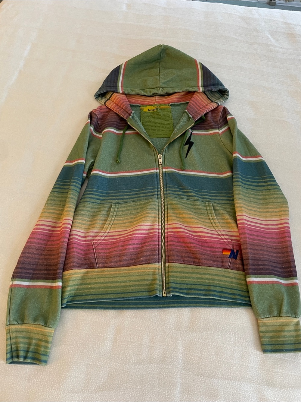 Aviator Nation Green Stripe Zip Hoodie with Pink, Yellow & Blue Accents
